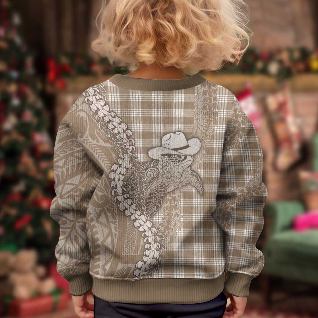 Beige Hawaii Palaka Cowboy Turtle Kid Ugly Christmas Sweater Hawaiian Paniolo Puakenikeni Maile Lei DT05 - Polynesian Pride