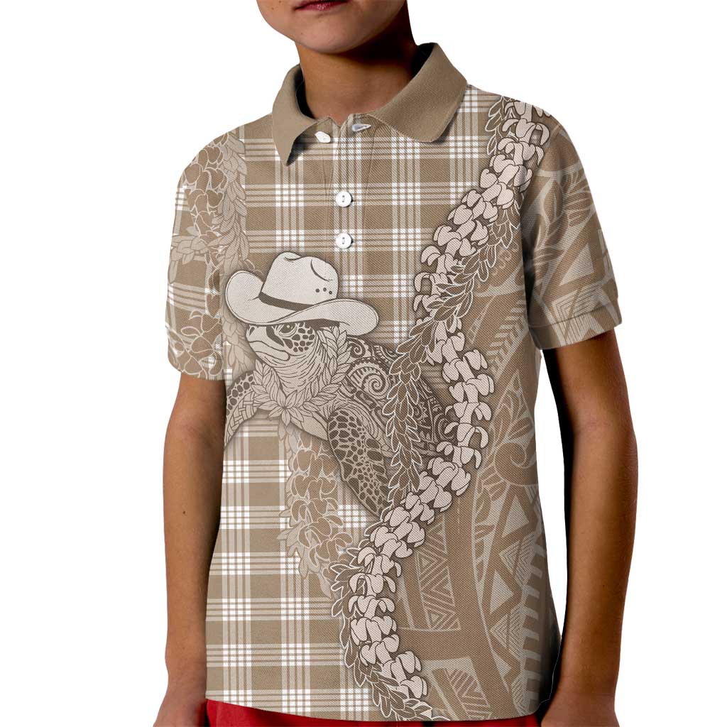 Beige Hawaii Palaka Cowboy Turtle Kid Polo Shirt Hawaiian Paniolo Puakenikeni Maile Lei - Polynesian Pride