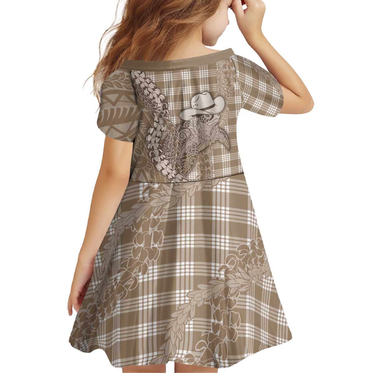 Beige Hawaii Palaka Cowboy Turtle Kid Short Sleeve Dress Hawaiian Paniolo Puakenikeni Maile Lei DT05 - Polynesian Pride