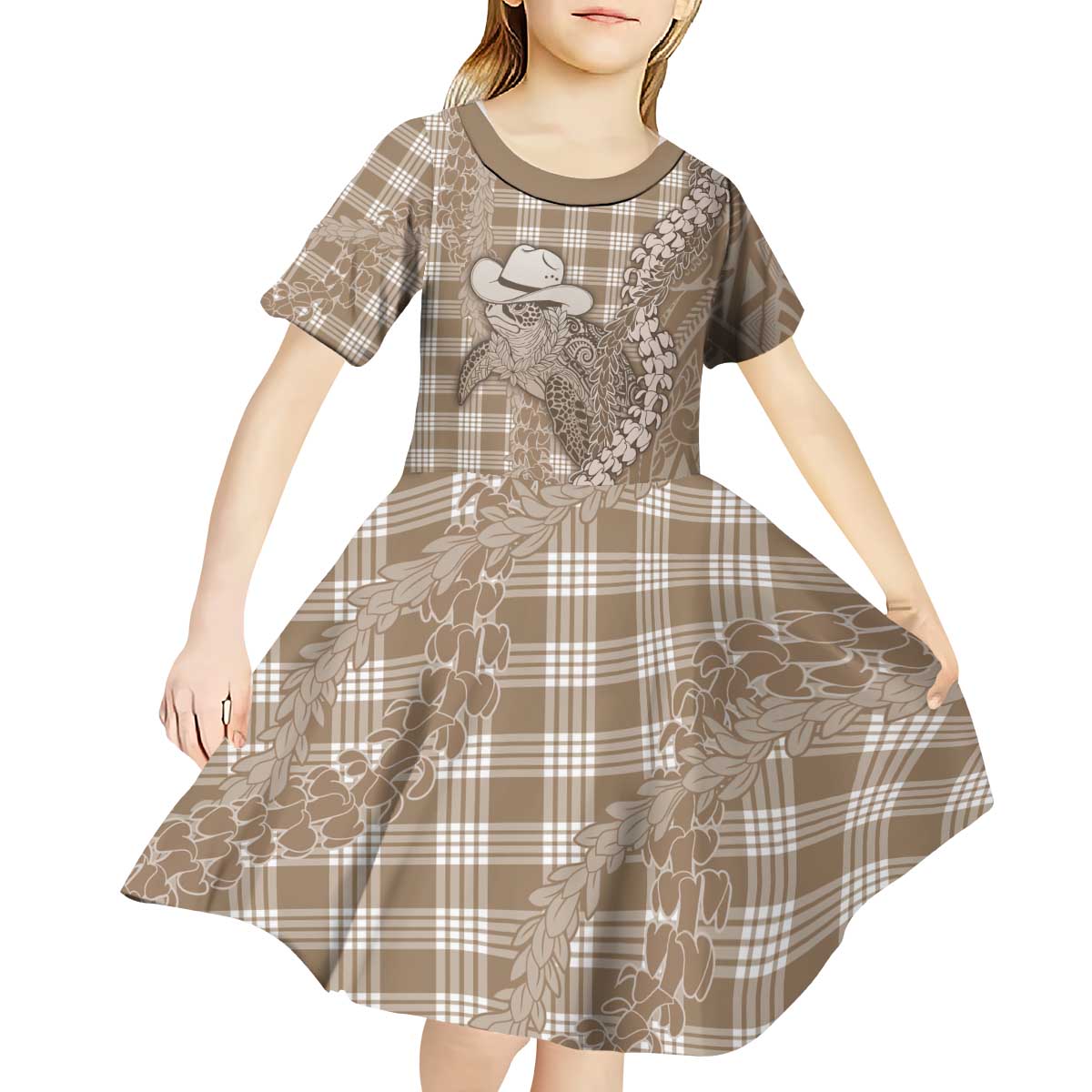 Beige Hawaii Palaka Cowboy Turtle Kid Short Sleeve Dress Hawaiian Paniolo Puakenikeni Maile Lei DT05 - Polynesian Pride