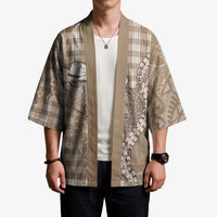 Beige Hawaii Palaka Cowboy Turtle Kimono Hawaiian Paniolo Puakenikeni Maile Lei - Polynesian Pride