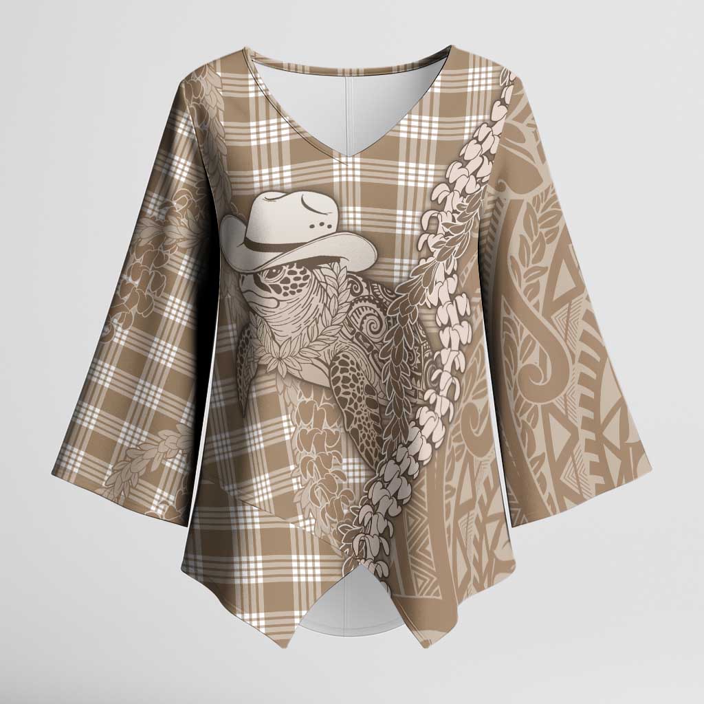 Beige Hawaii Palaka Cowboy Turtle Kimono Sleeve Blouse Hawaiian Paniolo Puakenikeni Maile Lei DT05 Female Beige - Polynesian Pride