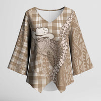 Beige Hawaii Palaka Cowboy Turtle Kimono Sleeve Blouse Hawaiian Paniolo Puakenikeni Maile Lei DT05 Female Beige - Polynesian Pride