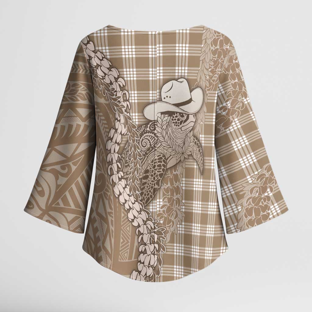 Beige Hawaii Palaka Cowboy Turtle Kimono Sleeve Blouse Hawaiian Paniolo Puakenikeni Maile Lei DT05 - Polynesian Pride