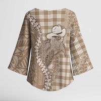 Beige Hawaii Palaka Cowboy Turtle Kimono Sleeve Blouse Hawaiian Paniolo Puakenikeni Maile Lei DT05 - Polynesian Pride