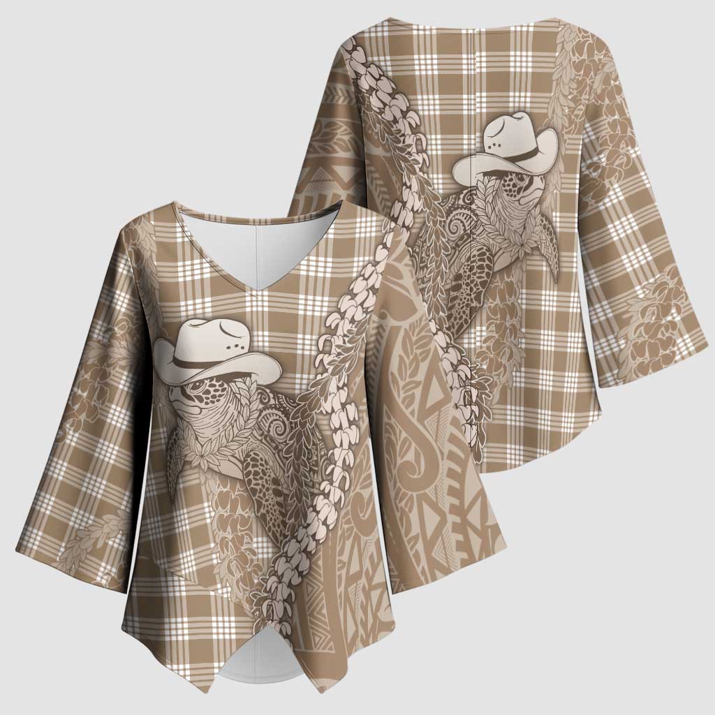 Beige Hawaii Palaka Cowboy Turtle Kimono Sleeve Blouse Hawaiian Paniolo Puakenikeni Maile Lei DT05 - Polynesian Pride