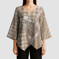 Beige Hawaii Palaka Cowboy Turtle Kimono Sleeve Blouse Hawaiian Paniolo Puakenikeni Maile Lei DT05 - Polynesian Pride