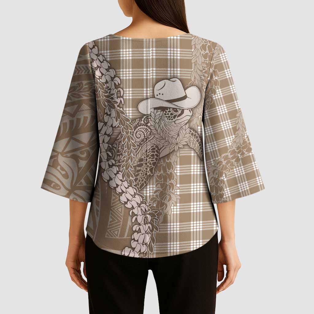 Beige Hawaii Palaka Cowboy Turtle Kimono Sleeve Blouse Hawaiian Paniolo Puakenikeni Maile Lei DT05 - Polynesian Pride