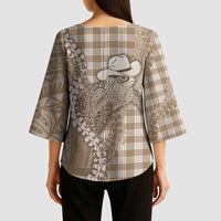 Beige Hawaii Palaka Cowboy Turtle Kimono Sleeve Blouse Hawaiian Paniolo Puakenikeni Maile Lei DT05 - Polynesian Pride