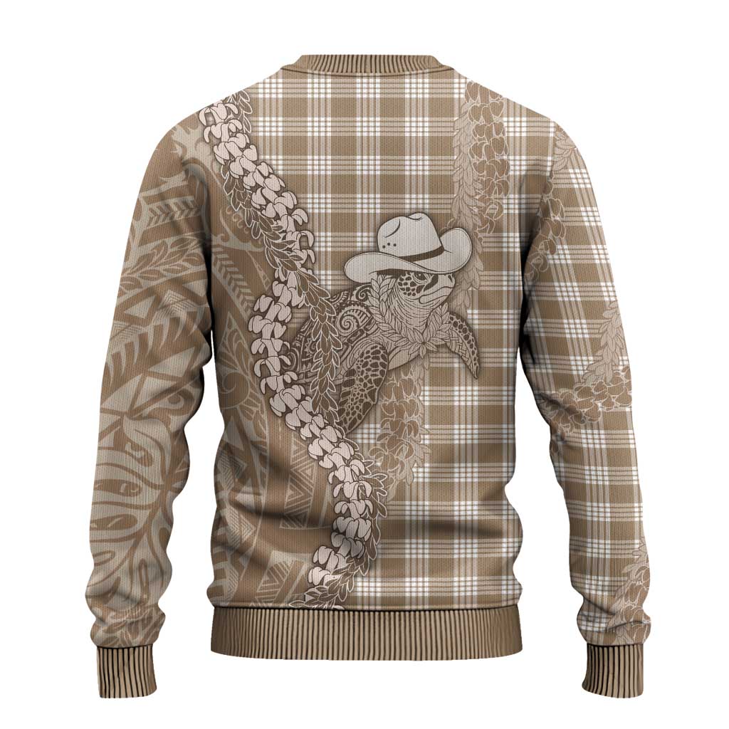 Beige Hawaii Palaka Cowboy Turtle Ugly Christmas Sweater Hawaiian Paniolo Puakenikeni Maile Lei DT05 - Polynesian Pride