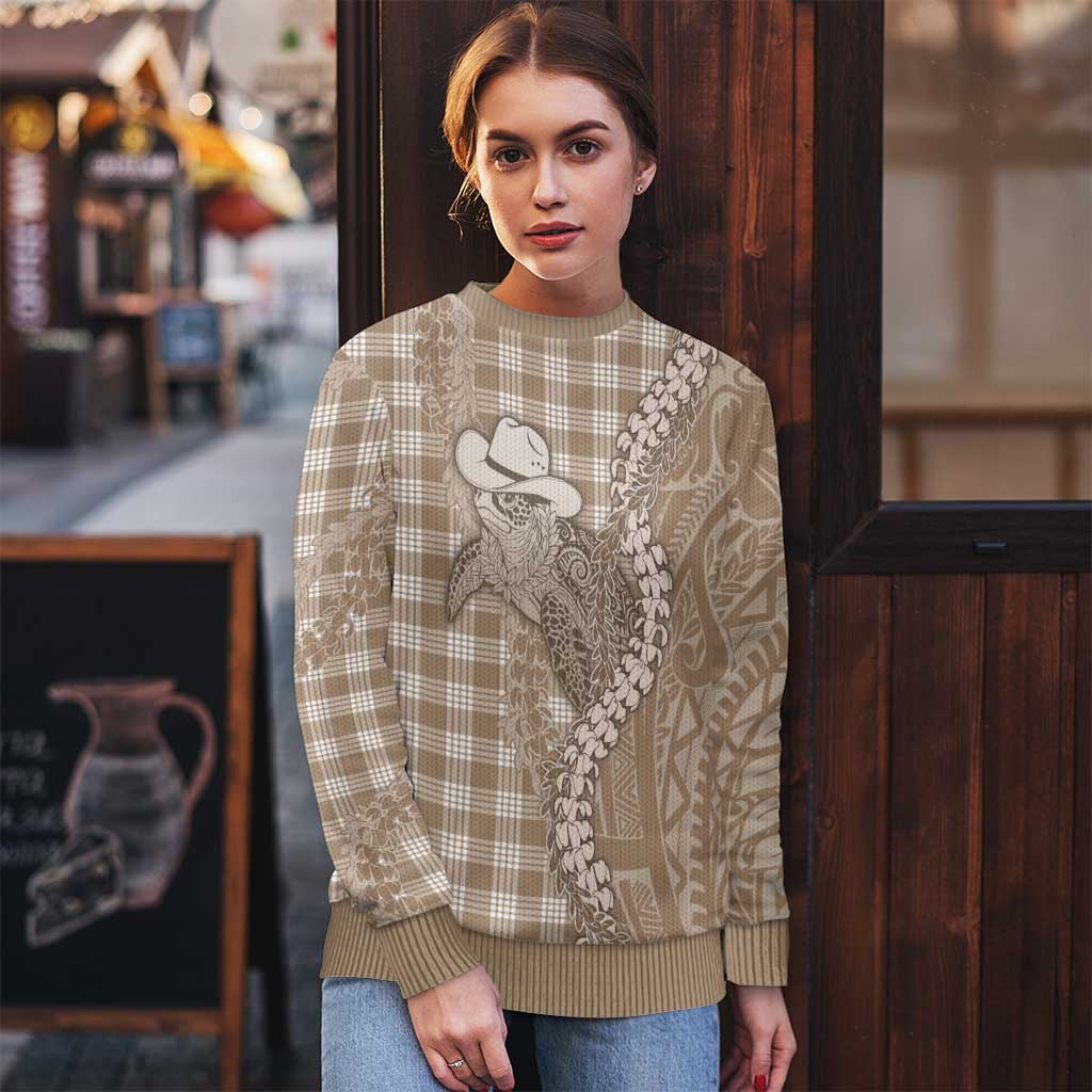 Beige Hawaii Palaka Cowboy Turtle Ugly Christmas Sweater Hawaiian Paniolo Puakenikeni Maile Lei DT05 - Polynesian Pride