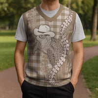 Beige Hawaii Palaka Cowboy Turtle Christmas Knitted V-Neck Vest Hawaiian Paniolo Puakenikeni Maile Lei DT05 - Polynesian Pride