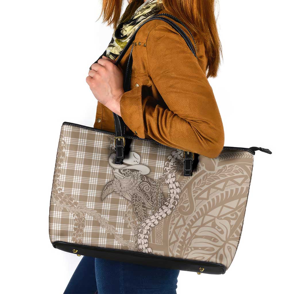 Beige Hawaii Palaka Cowboy Turtle Leather Tote Bag Hawaiian Paniolo Puakenikeni Maile Lei DT05 Beige - Polynesian Pride