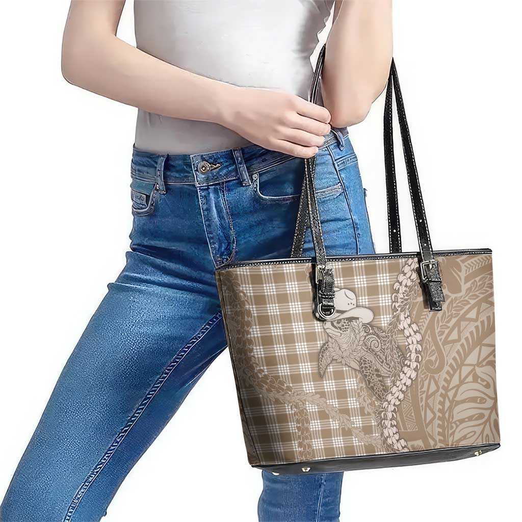 Beige Hawaii Palaka Cowboy Turtle Leather Tote Bag Hawaiian Paniolo Puakenikeni Maile Lei DT05 - Polynesian Pride