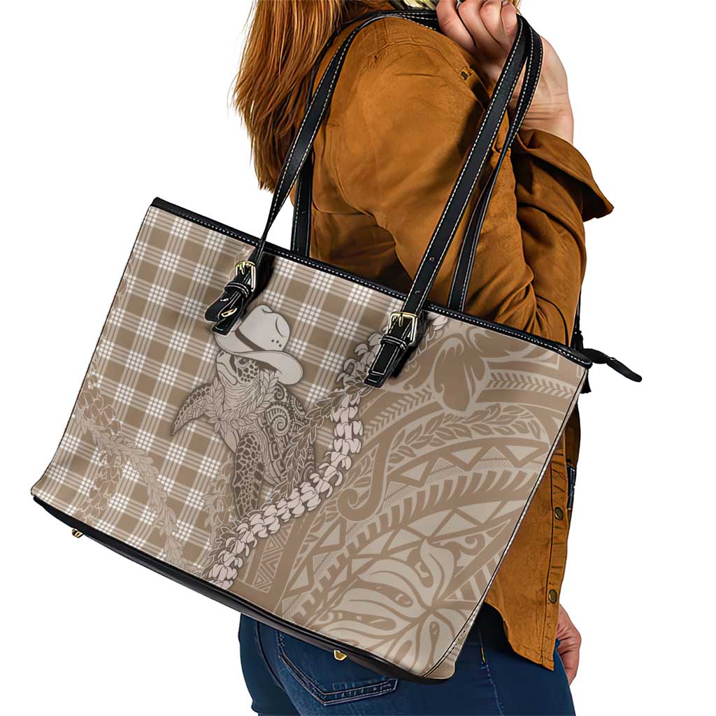 Beige Hawaii Palaka Cowboy Turtle Leather Tote Bag Hawaiian Paniolo Puakenikeni Maile Lei DT05 - Polynesian Pride