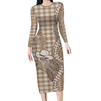 Beige Hawaii Palaka Cowboy Turtle Long Sleeve Bodycon Dress Hawaiian Paniolo Puakenikeni Maile Lei DT05 Long Dress Beige - Polynesian Pride