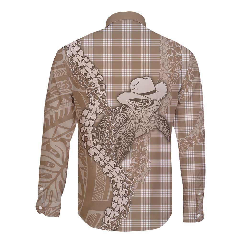 Beige Hawaii Palaka Cowboy Turtle Long Sleeve Button Shirt Hawaiian Paniolo Puakenikeni Maile Lei DT05 - Polynesian Pride