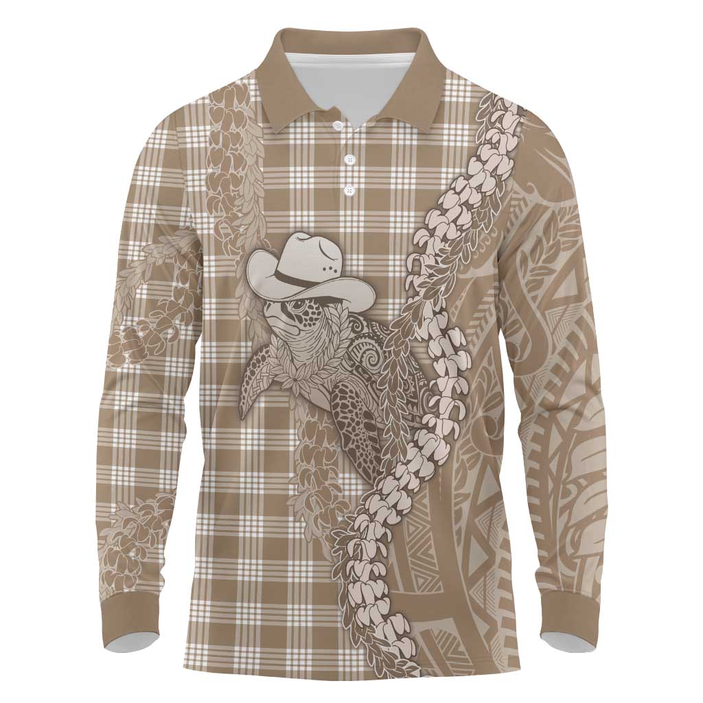 Beige Hawaii Palaka Cowboy Turtle Long Sleeve Polo Shirt Hawaiian Paniolo Puakenikeni Maile Lei DT05 Beige - Polynesian Pride