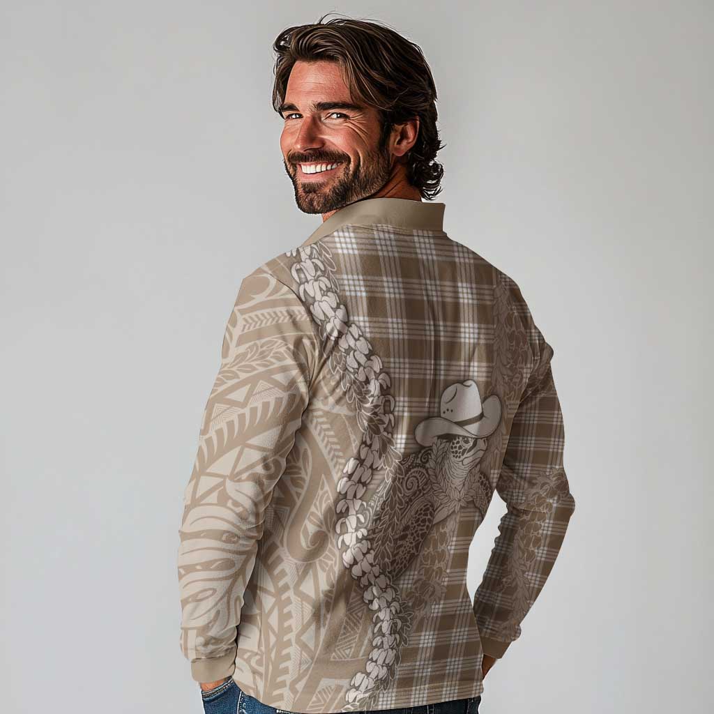 Beige Hawaii Palaka Cowboy Turtle Long Sleeve Polo Shirt Hawaiian Paniolo Puakenikeni Maile Lei DT05 - Polynesian Pride