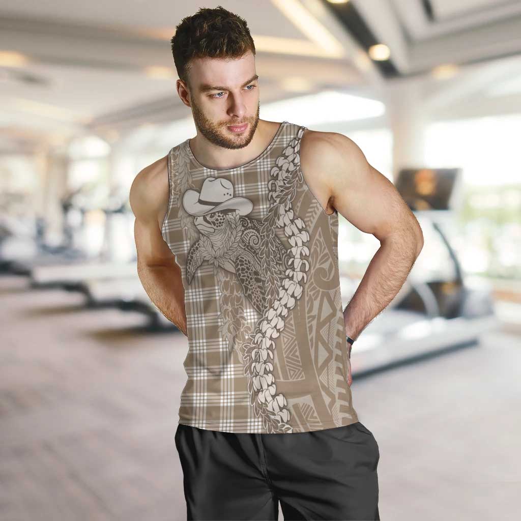 Beige Hawaii Palaka Cowboy Turtle Men Tank Top Hawaiian Paniolo Puakenikeni Maile Lei DT05 Beige - Polynesian Pride
