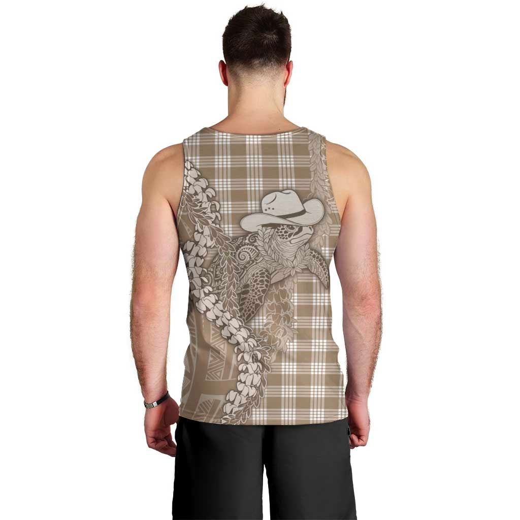 Beige Hawaii Palaka Cowboy Turtle Men Tank Top Hawaiian Paniolo Puakenikeni Maile Lei DT05 - Polynesian Pride