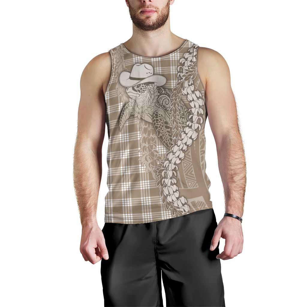 Beige Hawaii Palaka Cowboy Turtle Men Tank Top Hawaiian Paniolo Puakenikeni Maile Lei DT05 - Polynesian Pride