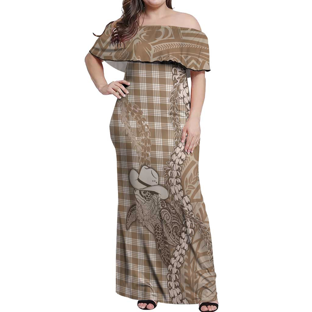Beige Hawaii Palaka Cowboy Turtle Off Shoulder Maxi Dress Hawaiian Paniolo Puakenikeni Maile Lei DT05 Women Beige - Polynesian Pride