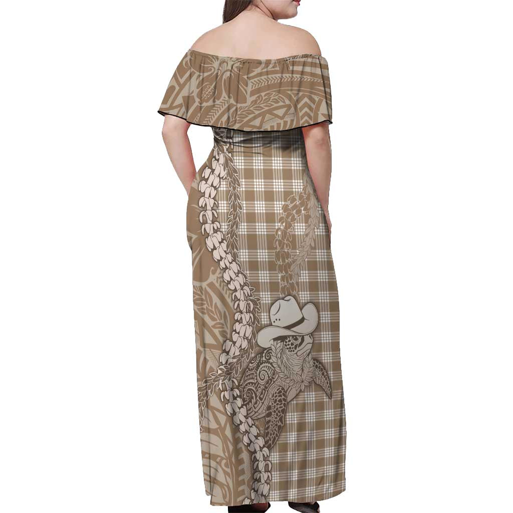 Beige Hawaii Palaka Cowboy Turtle Off Shoulder Maxi Dress Hawaiian Paniolo Puakenikeni Maile Lei DT05 - Polynesian Pride