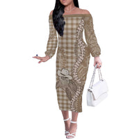 Beige Hawaii Palaka Cowboy Turtle Off The Shoulder Long Sleeve Dress Hawaiian Paniolo Puakenikeni Maile Lei DT05 Women Beige - Polynesian Pride