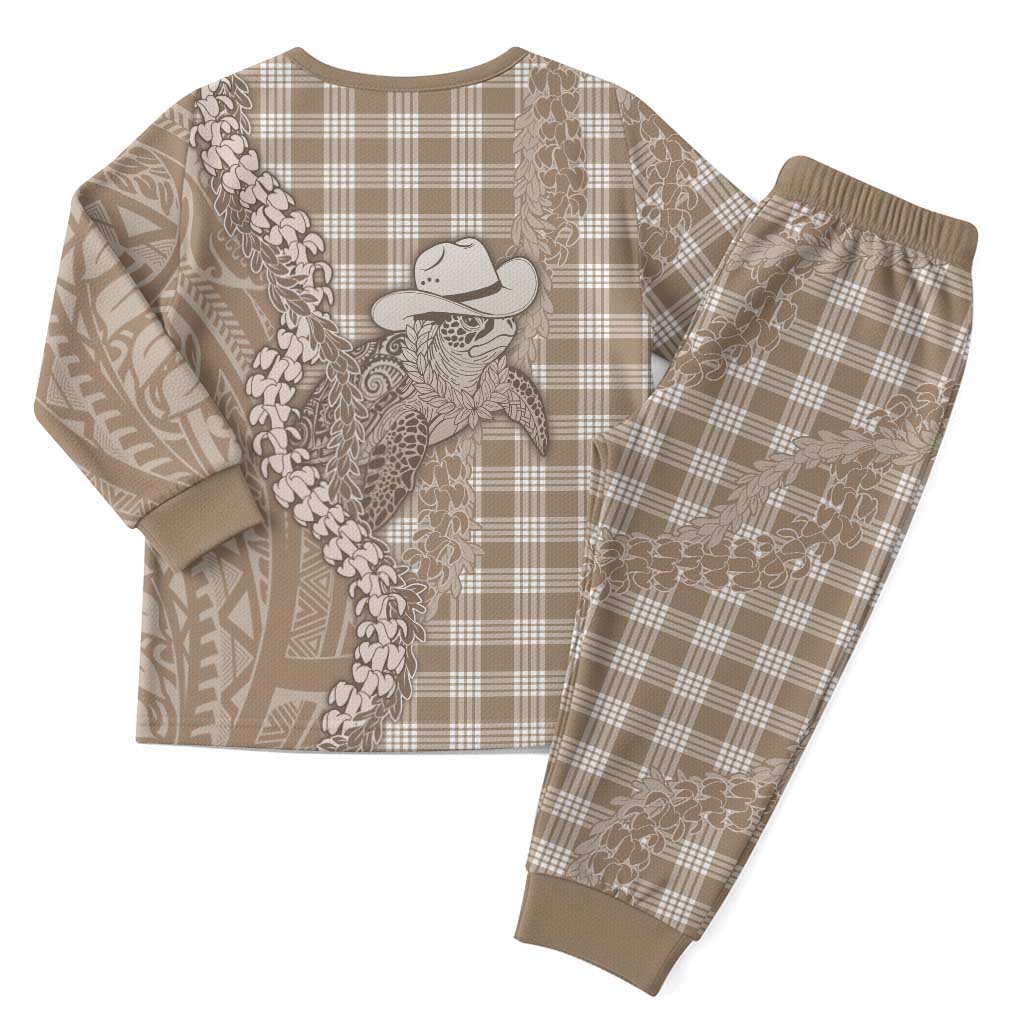 Beige Hawaii Palaka Cowboy Turtle Christmas Pajama Set Hawaiian Paniolo Puakenikeni Maile Lei DT05 - Polynesian Pride