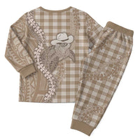 Beige Hawaii Palaka Cowboy Turtle Christmas Pajama Set Hawaiian Paniolo Puakenikeni Maile Lei DT05 - Polynesian Pride