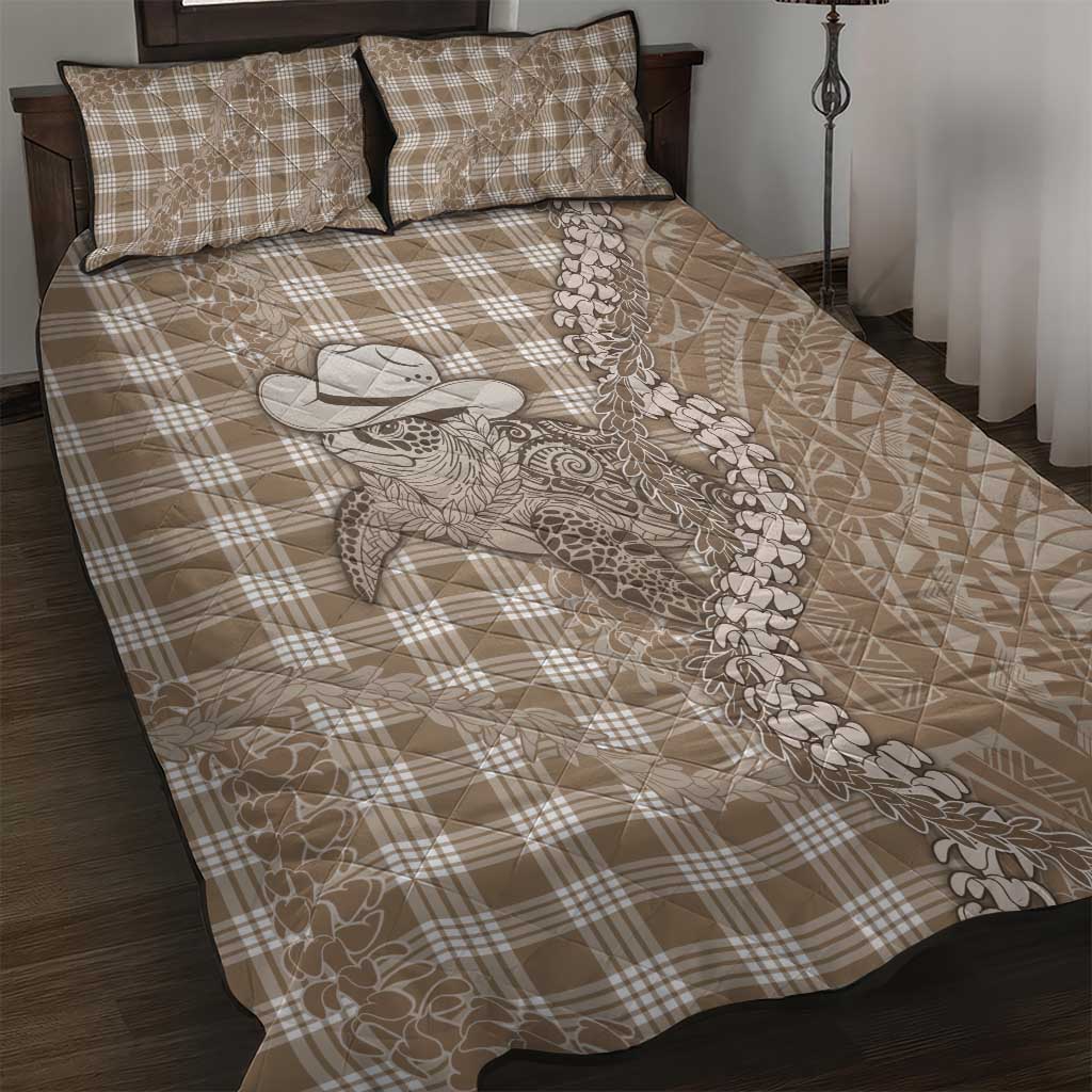 Beige Hawaii Palaka Cowboy Turtle Quilt Bed Set Hawaiian Paniolo Puakenikeni Maile Lei DT05 Beige - Polynesian Pride