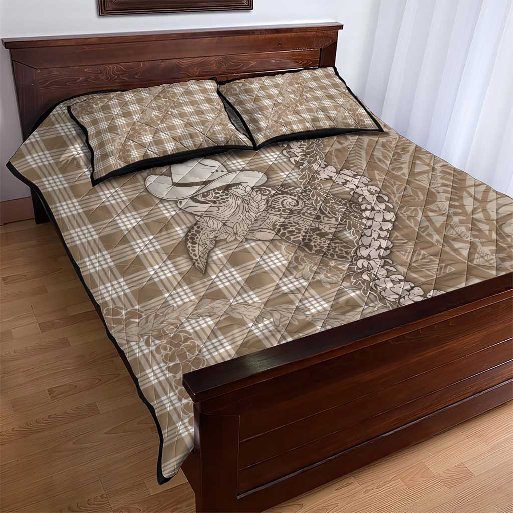 Beige Hawaii Palaka Cowboy Turtle Quilt Bed Set Hawaiian Paniolo Puakenikeni Maile Lei DT05 - Polynesian Pride