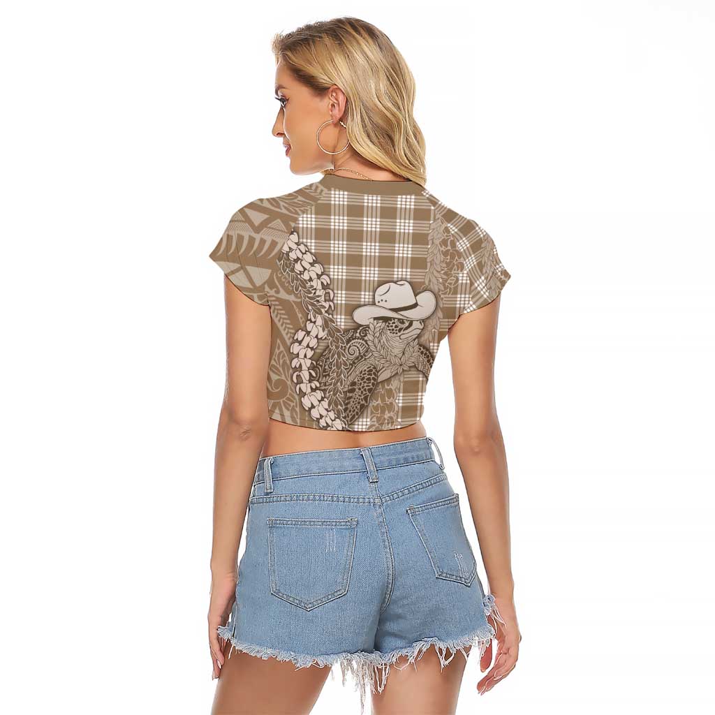 Beige Hawaii Palaka Cowboy Turtle Raglan Cropped T Shirt Hawaiian Paniolo Puakenikeni Maile Lei DT05 - Polynesian Pride