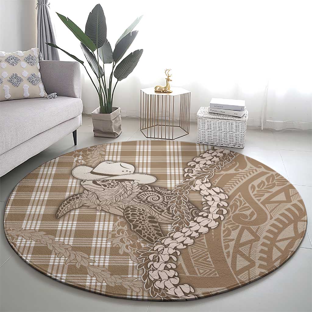Beige Hawaii Palaka Cowboy Turtle Round Carpet Hawaiian Paniolo Puakenikeni Maile Lei DT05 - Polynesian Pride