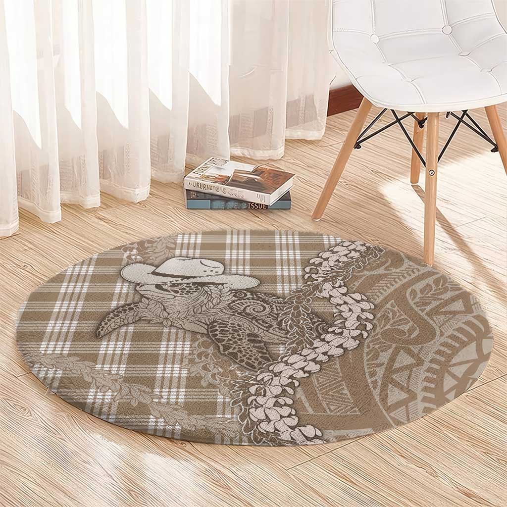 Beige Hawaii Palaka Cowboy Turtle Round Carpet Hawaiian Paniolo Puakenikeni Maile Lei DT05 - Polynesian Pride