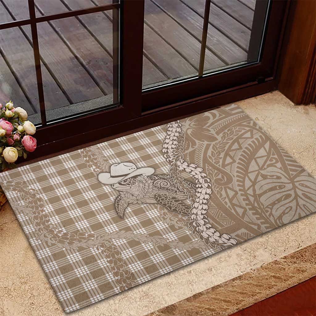 Beige Hawaii Palaka Cowboy Turtle Rubber Doormat Hawaiian Paniolo Puakenikeni Maile Lei DT05 - Polynesian Pride