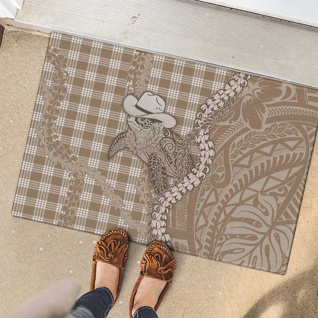 Beige Hawaii Palaka Cowboy Turtle Rubber Doormat Hawaiian Paniolo Puakenikeni Maile Lei DT05 - Polynesian Pride