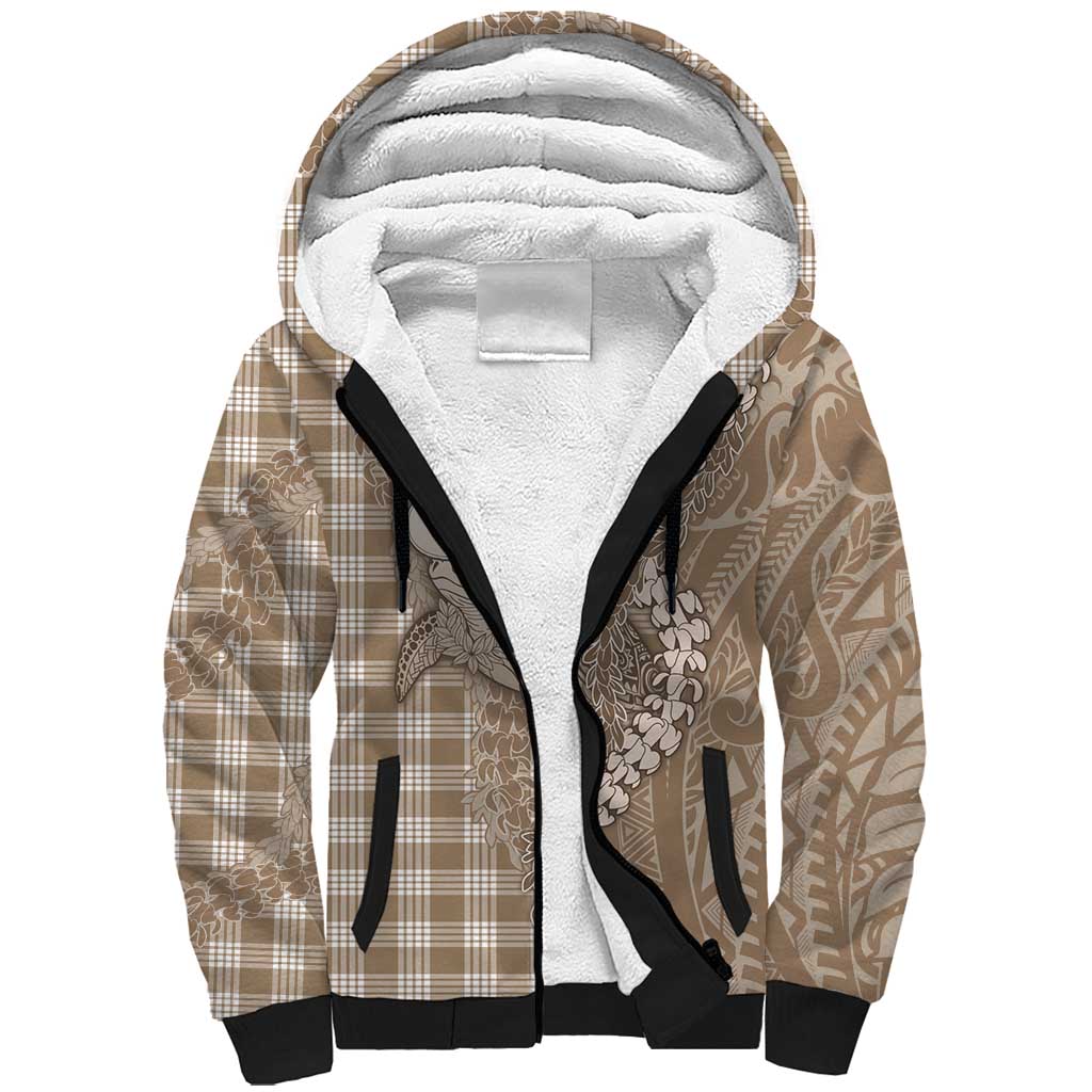 Beige Hawaii Palaka Cowboy Turtle Sherpa Hoodie Hawaiian Paniolo Puakenikeni Maile Lei - Polynesian Pride
