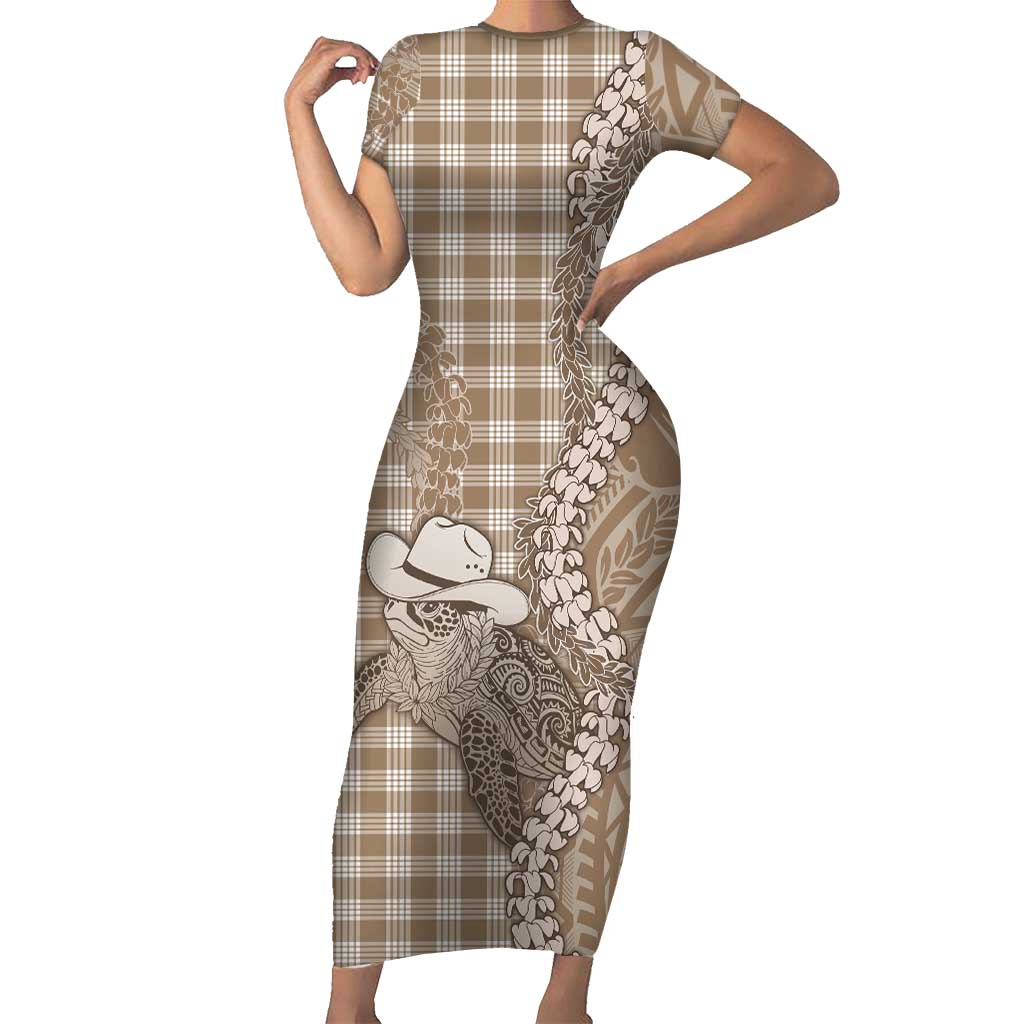 Beige Hawaii Palaka Cowboy Turtle Short Sleeve Bodycon Dress Hawaiian Paniolo Puakenikeni Maile Lei DT05 Long Dress Beige - Polynesian Pride