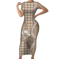 Beige Hawaii Palaka Cowboy Turtle Short Sleeve Bodycon Dress Hawaiian Paniolo Puakenikeni Maile Lei DT05 Long Dress Beige - Polynesian Pride