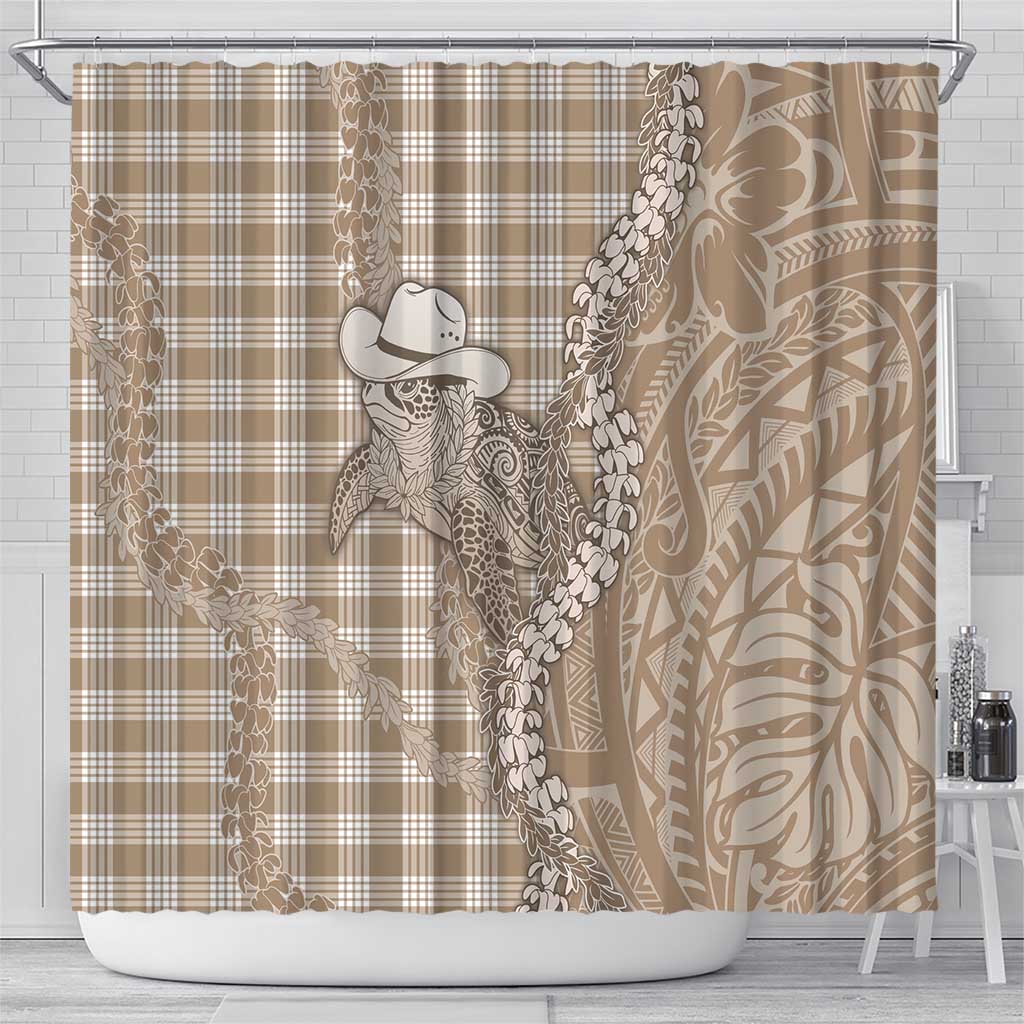 Beige Hawaii Palaka Cowboy Turtle Shower Curtain Hawaiian Paniolo Puakenikeni Maile Lei DT05 - Polynesian Pride