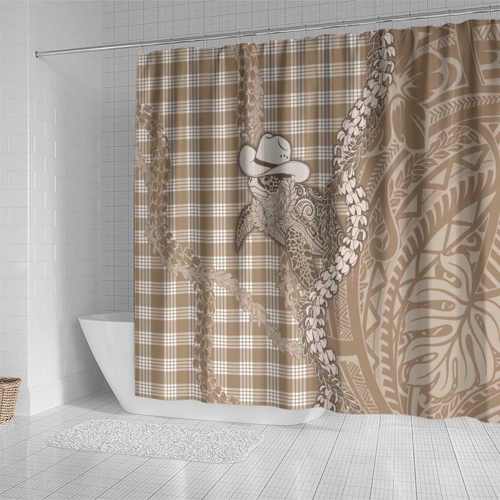 Beige Hawaii Palaka Cowboy Turtle Shower Curtain Hawaiian Paniolo Puakenikeni Maile Lei DT05 - Polynesian Pride