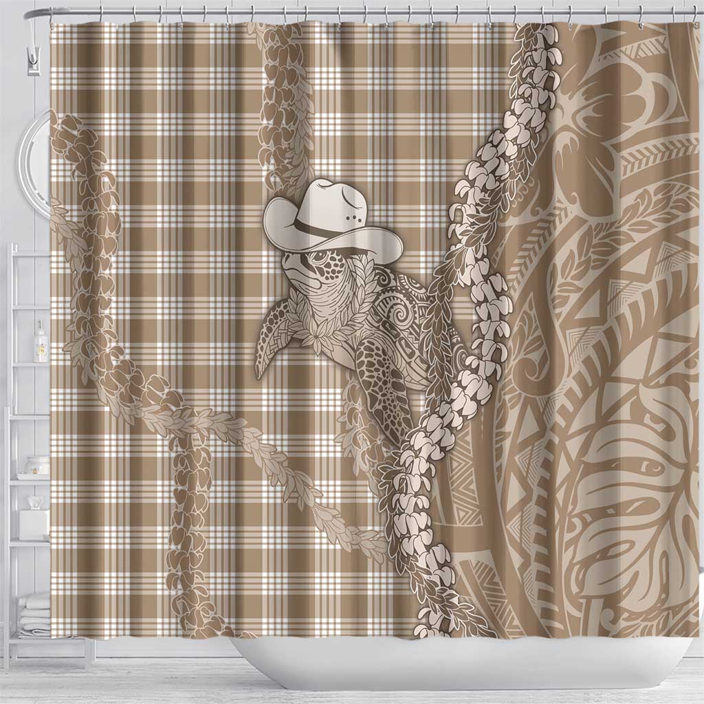 Beige Hawaii Palaka Cowboy Turtle Shower Curtain Hawaiian Paniolo Puakenikeni Maile Lei DT05 - Polynesian Pride