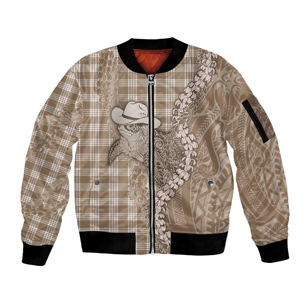 Beige Hawaii Palaka Cowboy Turtle Sleeve Zip Bomber Jacket Hawaiian Paniolo Puakenikeni Maile Lei DT05 Unisex Beige - Polynesian Pride