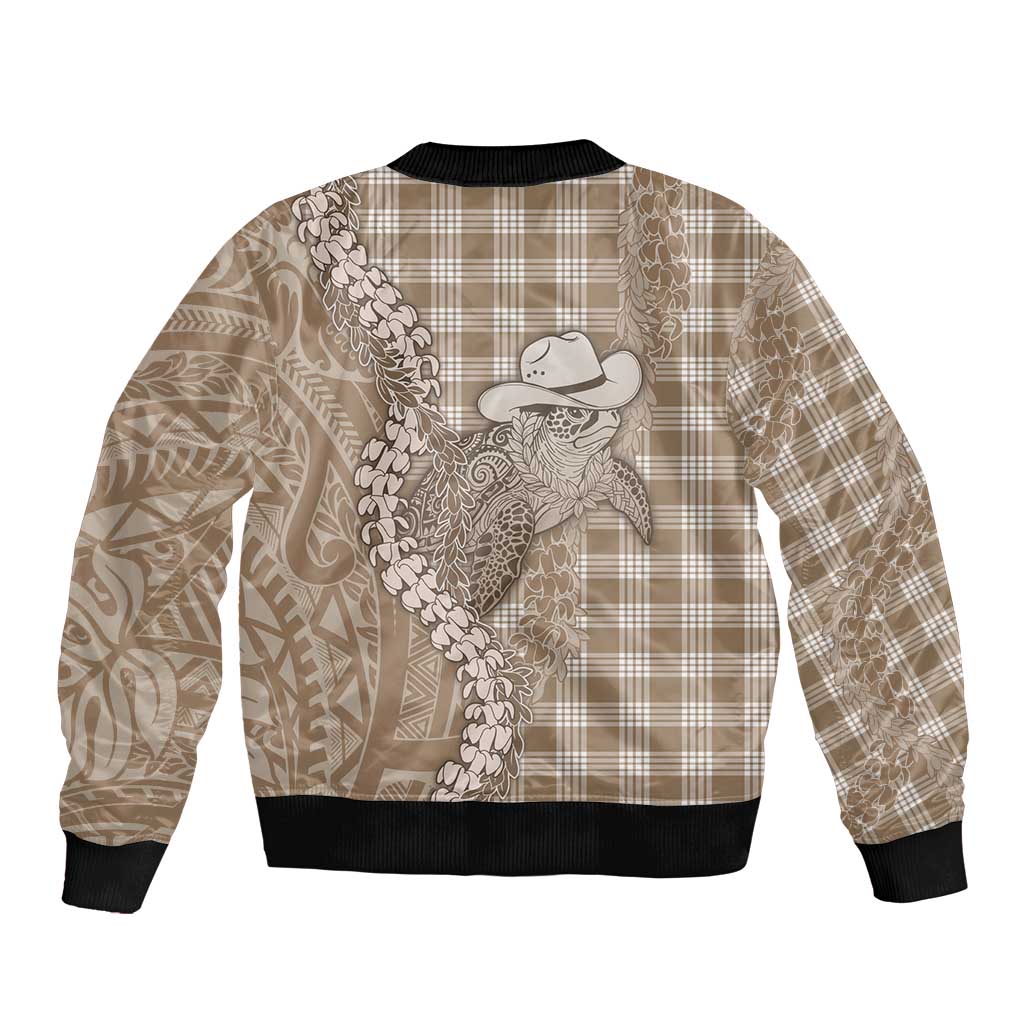Beige Hawaii Palaka Cowboy Turtle Sleeve Zip Bomber Jacket Hawaiian Paniolo Puakenikeni Maile Lei DT05 - Polynesian Pride