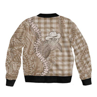 Beige Hawaii Palaka Cowboy Turtle Sleeve Zip Bomber Jacket Hawaiian Paniolo Puakenikeni Maile Lei DT05 - Polynesian Pride
