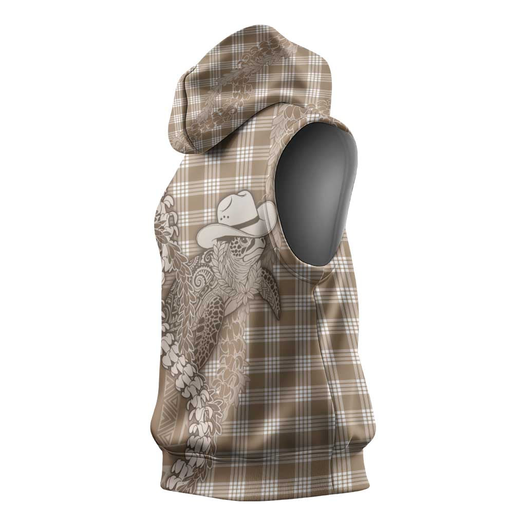 Beige Hawaii Palaka Cowboy Turtle Sleeveless Hoodie Hawaiian Paniolo Puakenikeni Maile Lei DT05 - Polynesian Pride