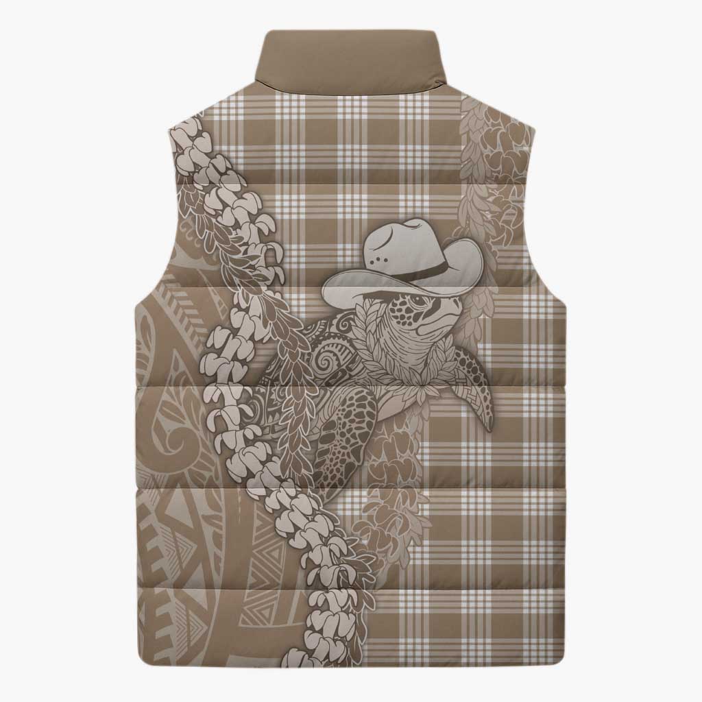 Beige Hawaii Palaka Cowboy Turtle Sleeveless Puffer Jacket Hawaiian Paniolo Puakenikeni Maile Lei DT05 - Polynesian Pride