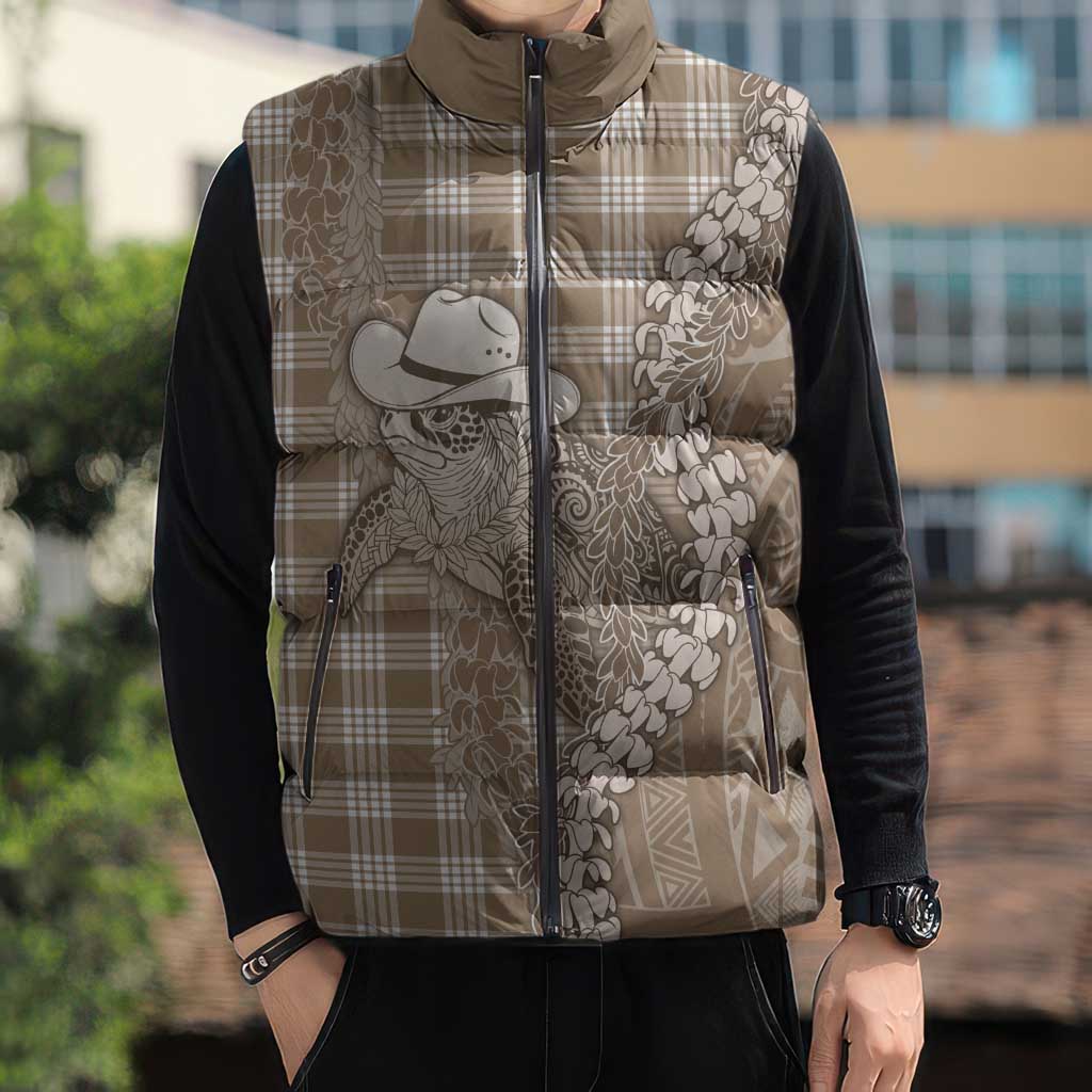 Beige Hawaii Palaka Cowboy Turtle Sleeveless Puffer Jacket Hawaiian Paniolo Puakenikeni Maile Lei DT05 - Polynesian Pride